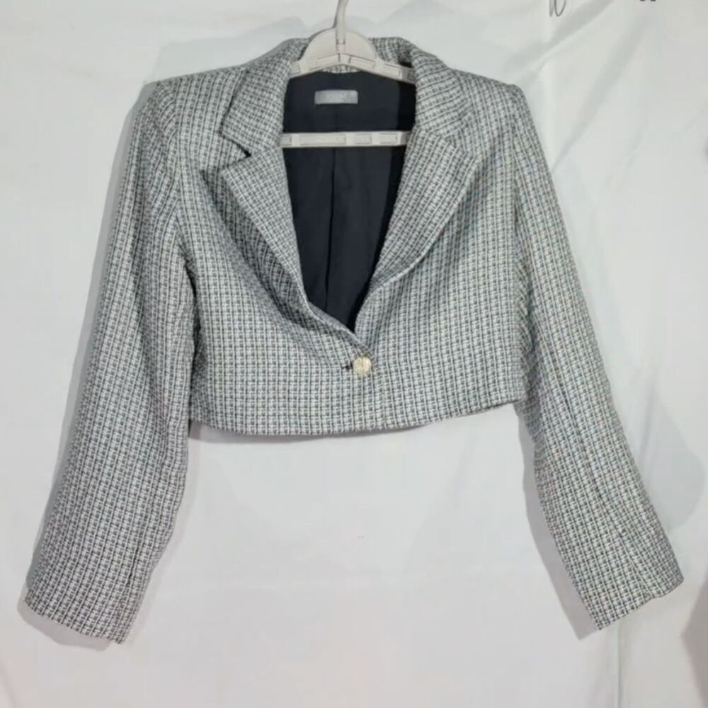 Lichi Cropped Houndstooth Tweed Single Button Blazer Jacket in Black/White L